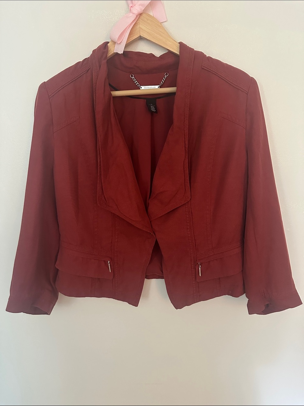 White House Black Market Women's Deep Red Open-Front Linen Blazer